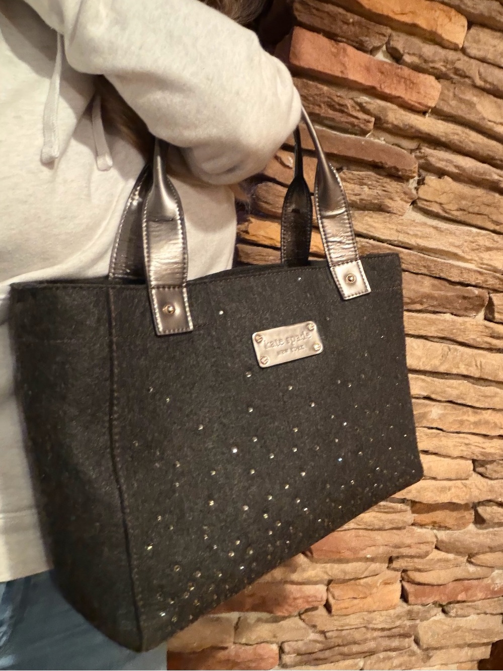 kate spade Black Wool Sparkle Tote with Metallic Leather Handles- Preloved! - Picture 13 of 14